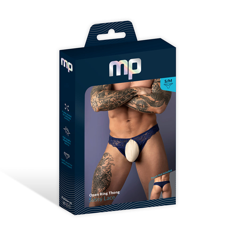Male Power Sassy Lace Open Ring Thong Navy L/XL Male Power Sassy Lace Open-Ring Thong in navy size L/XL displayed in a navy window retail box
