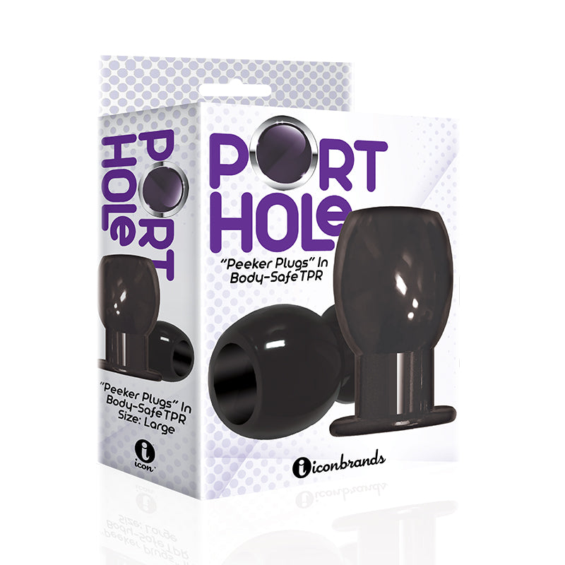 The 9''s Port Hole Hollow Butt Plug Black Black Port Hole hollow tunnel plug beside white and black box