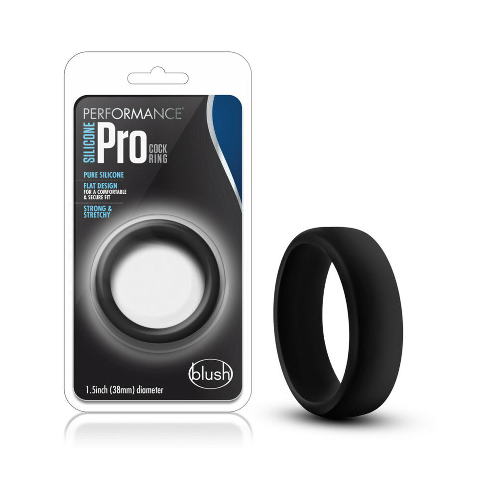 Performance Silicone Go Pro Cock Ring Black Blush Performance Go Pro black silicone ring beside matching Performance Pro retail package