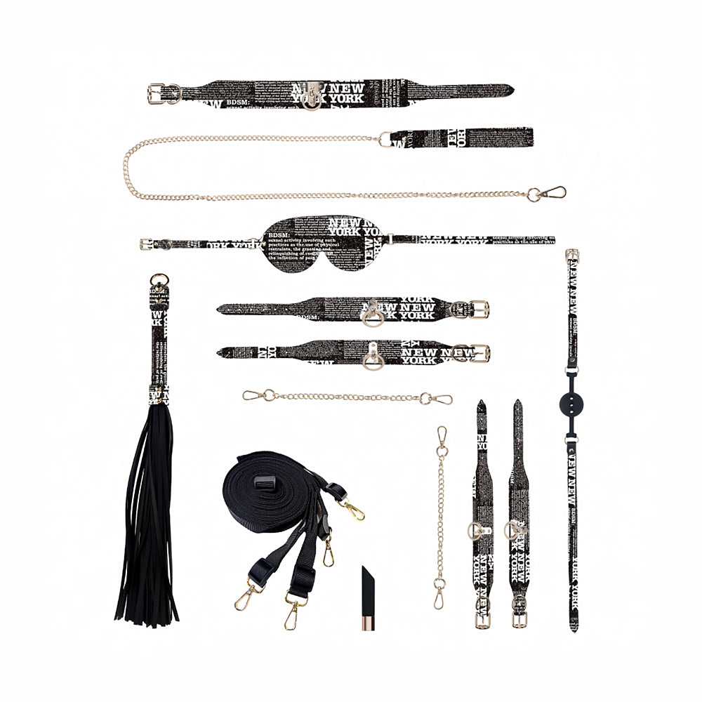 Ouch! International New York Collection Kit with Bag black and white New York text-print restraint pieces arranged together