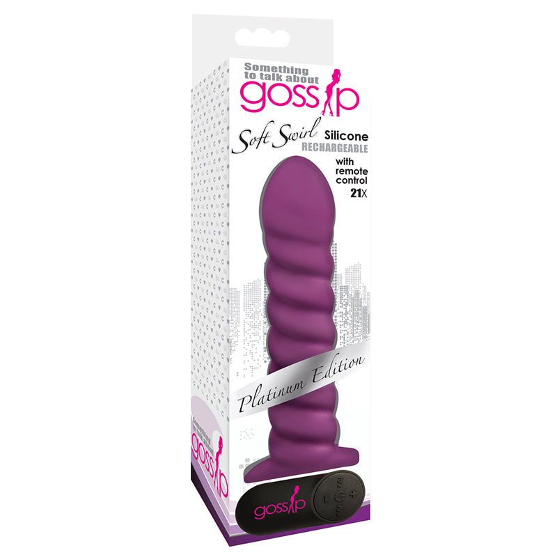 Gossip Soft Swirl Rechargeable Remote-Controlled Textured 7.5 in. Silicone Vibrating Dildo Violet Curve Gossip Soft Swirl violet vibrator in tall white retail box