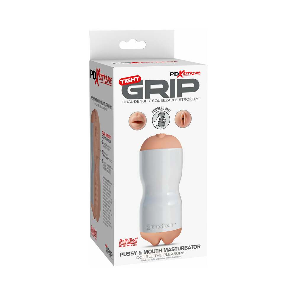 PDX Tight Grip Pussy & Mouth Dual Density Squeezable Masturbator Beige/White PDX Tight Grip Beige White Masturbator white retail box front