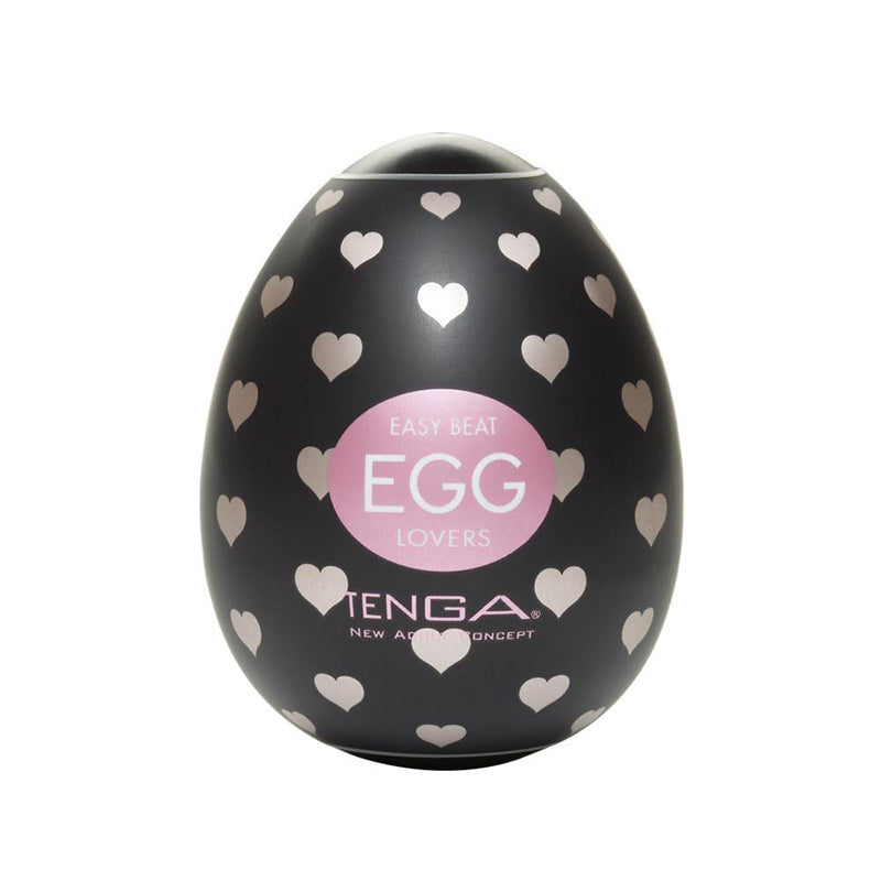 Tenga EGG Lovers Tenga Egg Lovers black shell glossy egg shape with white and pale-pink hearts and pink oval label