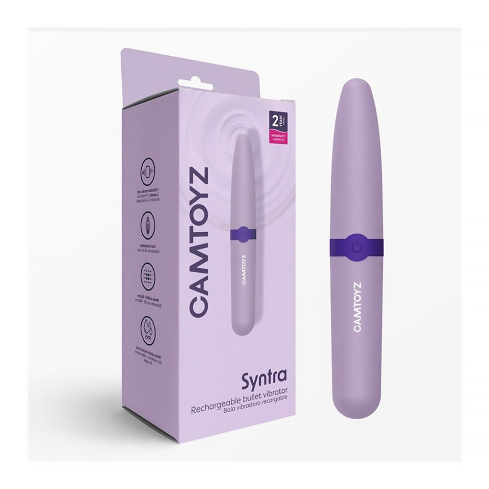 Camtoyz Syntra Rechargeable Bullet Vibrator Camtoyz Syntra light-purple rechargeable bullet vibrator beside retail box