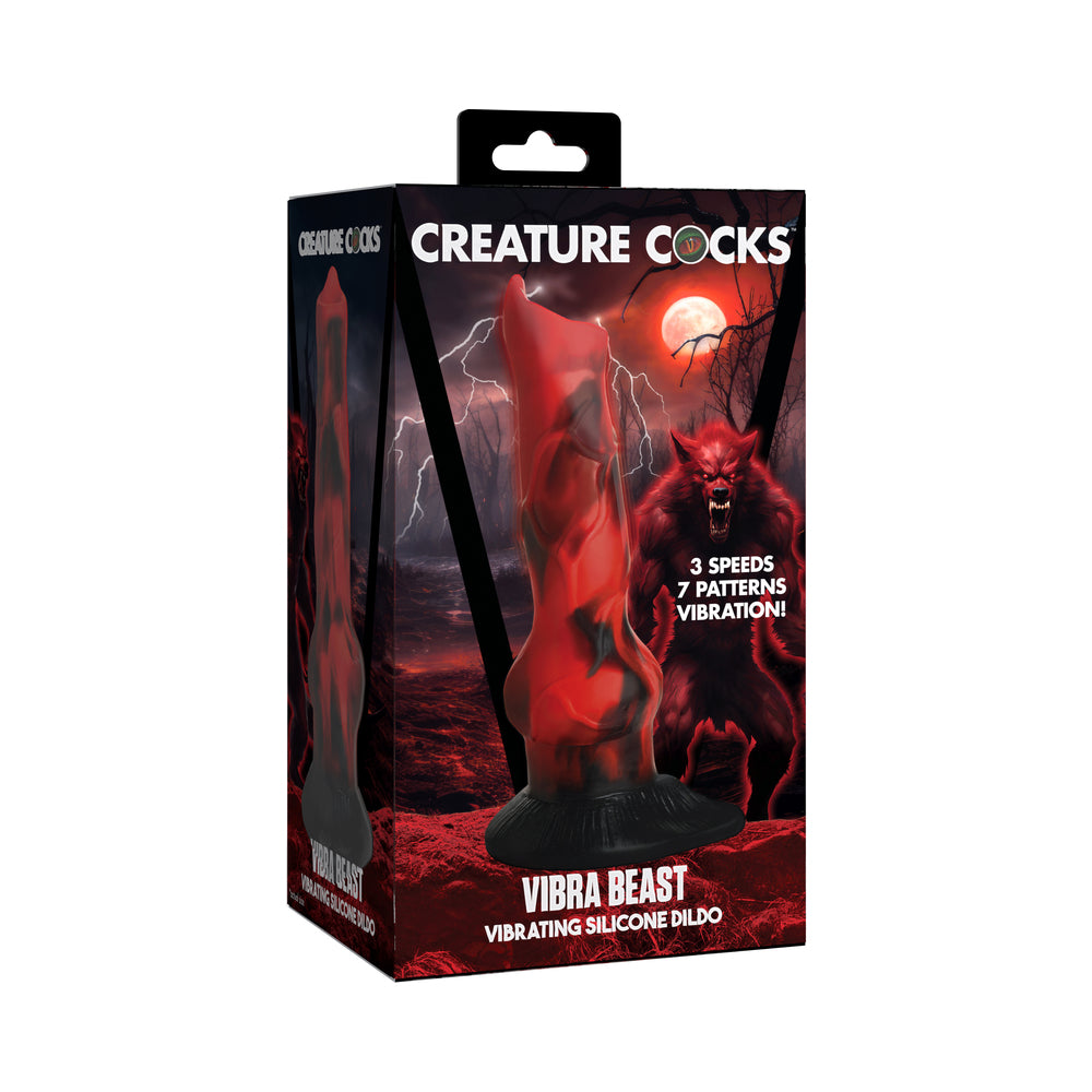 Creature Cocks Vibra Beast Vibrating Silicone Dildo Creature Cocks Vibra Beast red vibrating dildo pictured in black-and-red creature retail box