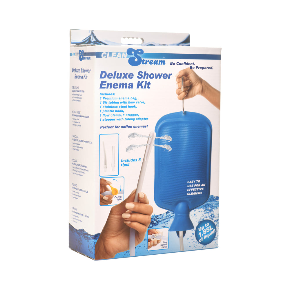 CleanStream Deluxe Shower Enema Kit CleanStream Deluxe Shower Enema Kit box with blue bag, hose, tip diagrams and hand holding an attachment