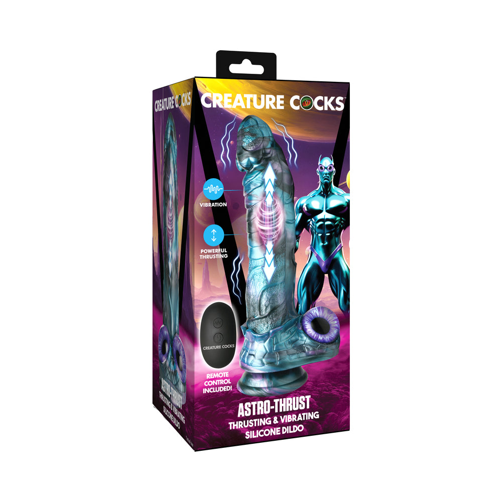 Creature Cocks Astro-Thrust Thrusting & Vibrating Silicone Dildo Creature Cocks Astro-Thrust blue-gray alien dildo in purple box