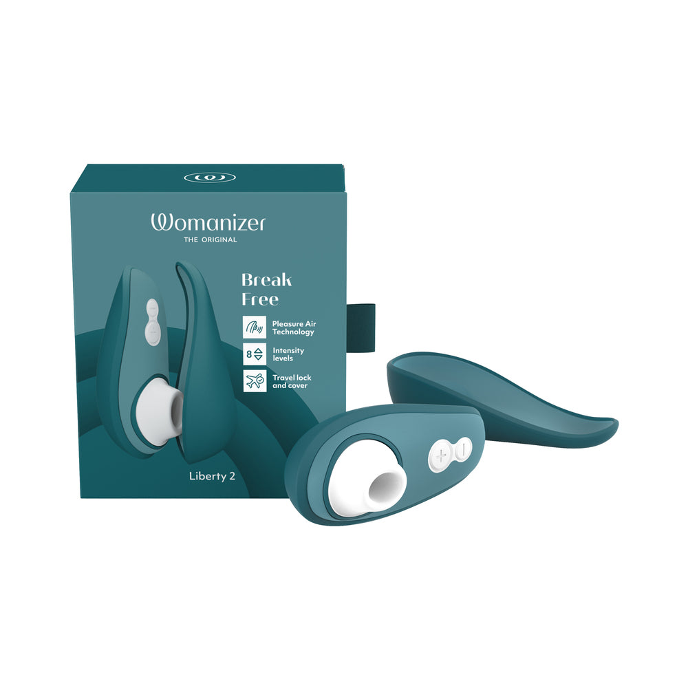 Womanizer Liberty 2 Dark Petrol dark petrol Womanizer Liberty 2 with white air head and curved cover beside box