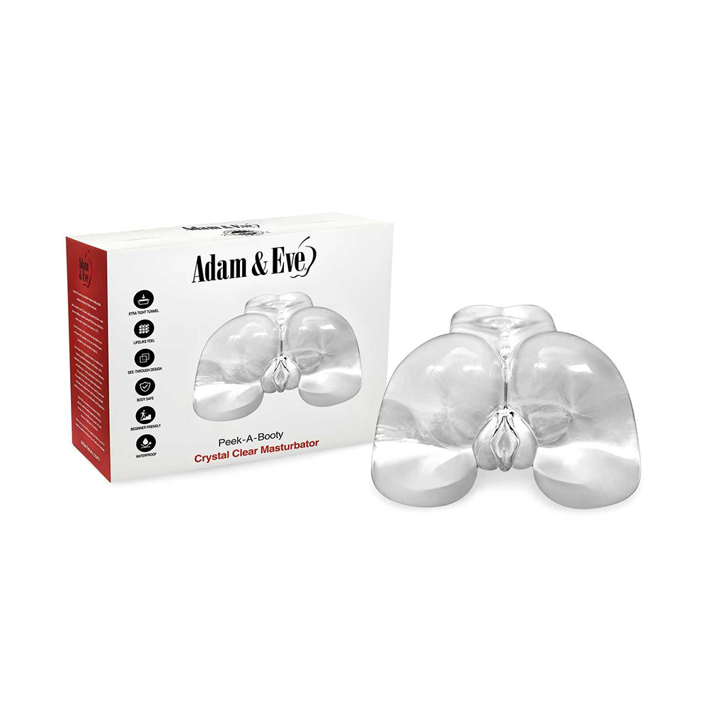 Adam & Eve Peek-A-Booty Clear Adam and Eve Peek-A-Booty form displayed beside black retail box