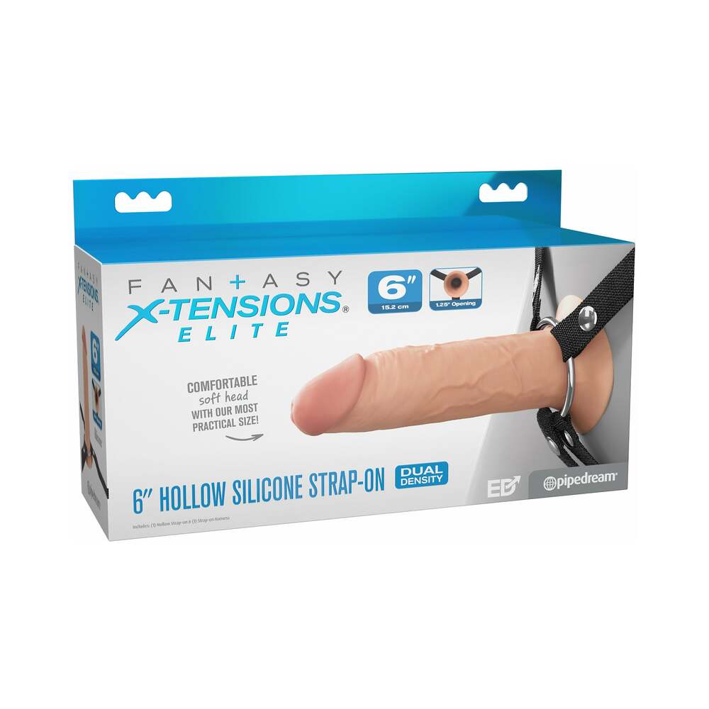 Fantasy X-Tensions Elite Hollow Silicone Strap-On 6 in. Light Fantasy X-Tensions Elite 6-inch light hollow strap-on with black harness in blue retail box