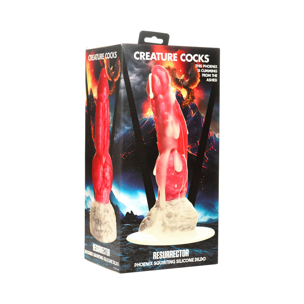 Creature Cocks Resurrector Phoenix Squirting Silicone Dildo Resurrector Phoenix red flame-textured dildo with clear suction base on box