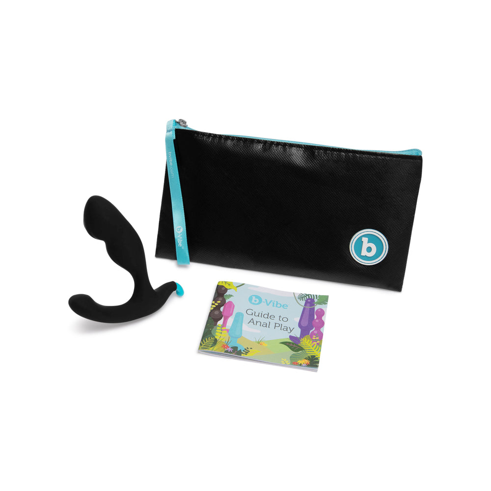 b-Vibe Rocker Rocking Weighted Prostate Plug Black black b-Vibe Rocker plug beside zip pouch and illustrated guide