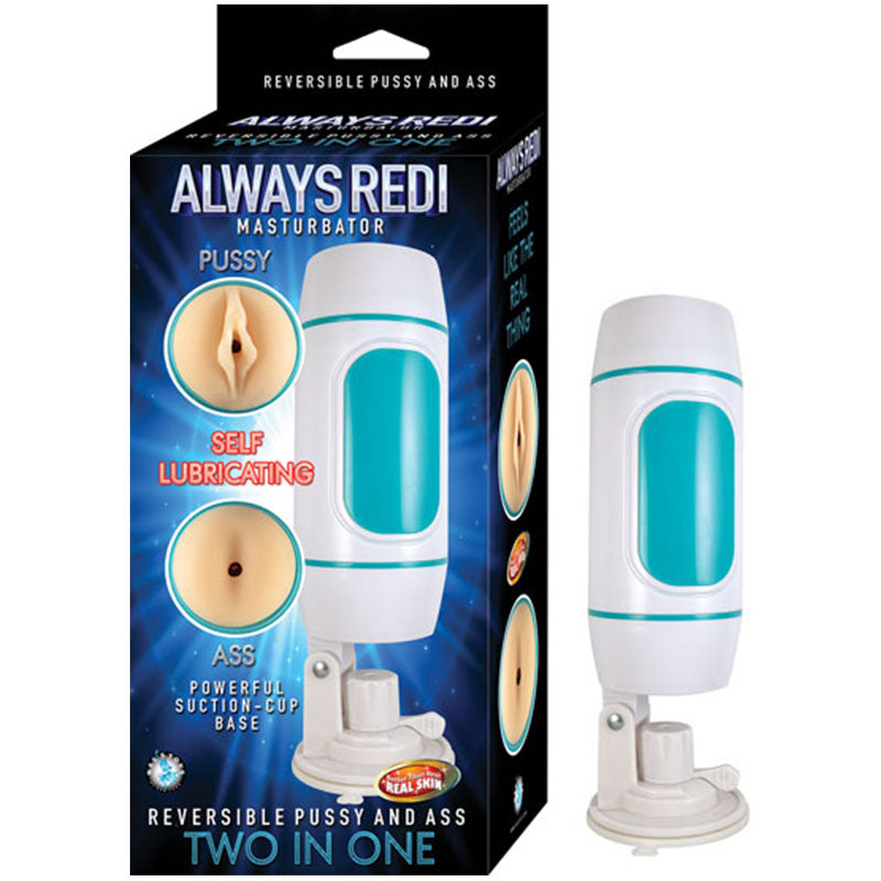 Always Redi Masturbator Shower Mount Base Self Lubricating Flesh Nasstoys Always Redi reversible sleeve and shower base beside retail box