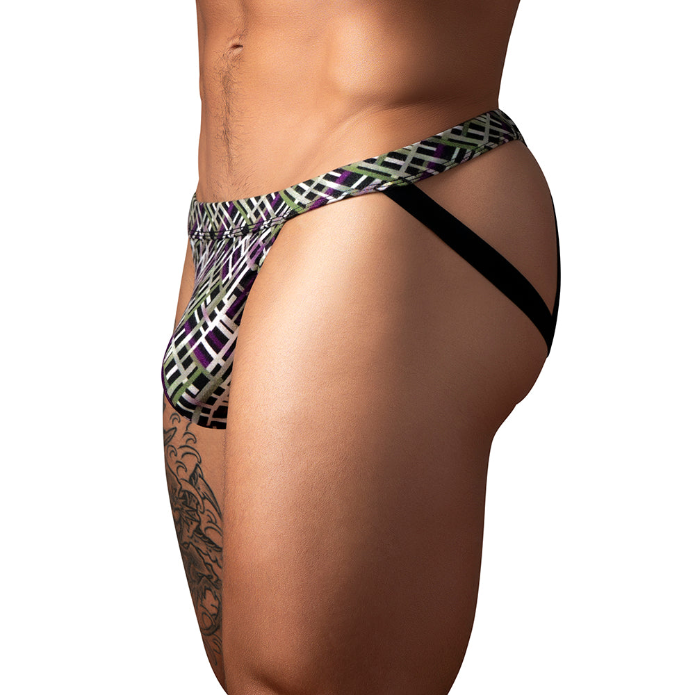 Male Power Gridlock''d Jock with Strap Print L/XL Side front view of Gridlock'd geometric jock in L/XL