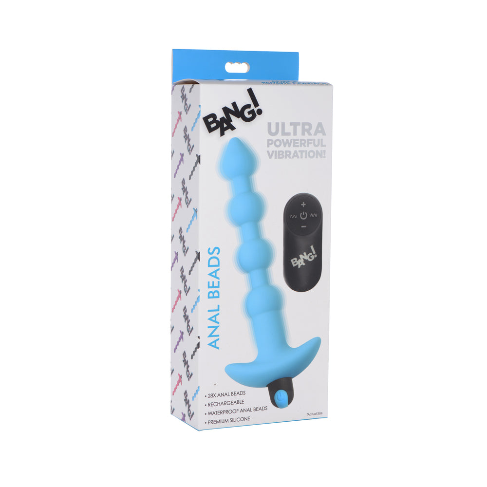 BANG! Vibrating Silicone Anal Beads & Remote Control Blue blue BANG silicone anal beads with flared base and black wireless remote on box