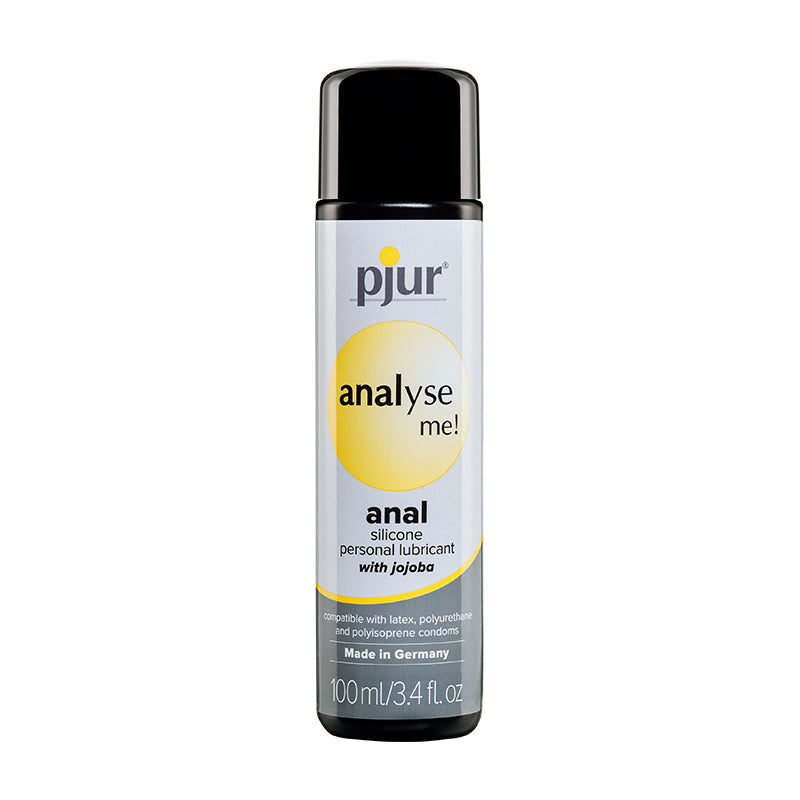Pjur Analyse Me! Anal Silicone Personal Lubricant 3.4 oz. Front view of pjur analyse me! Relaxing 100 ml bottle with black cap and yellow label