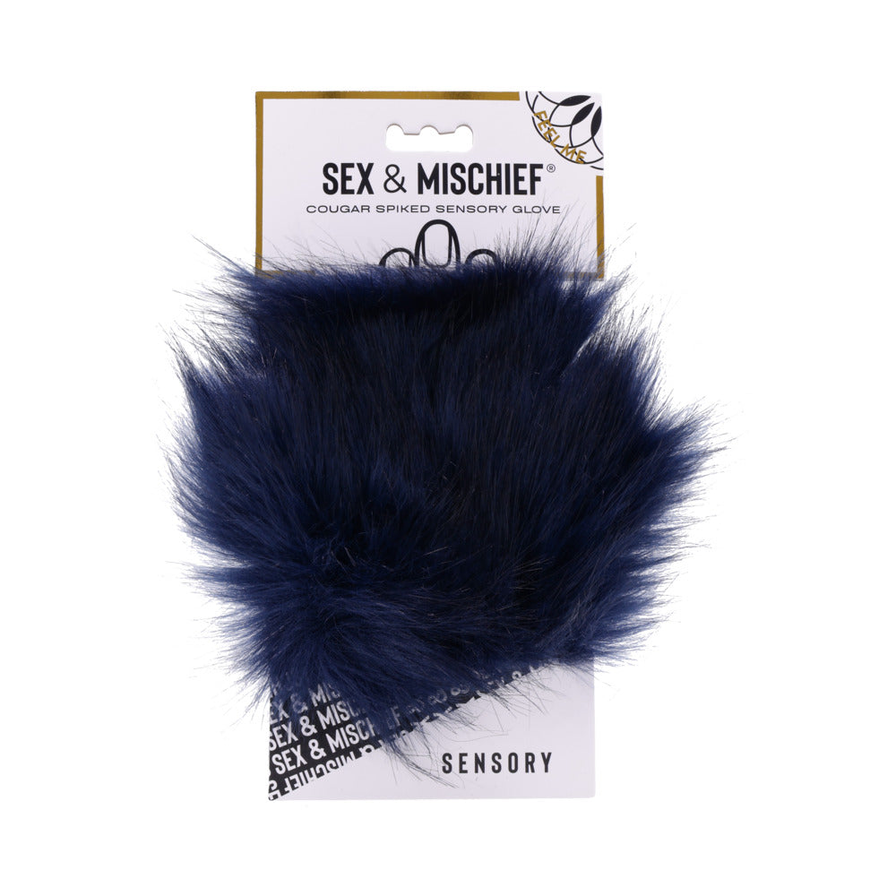Sportsheets Sex & Mischief Cougar Spiked Sensory Glove Sportsheets Cougar blue faux-fur sensory glove deep-blue fur glove attached to white retail card