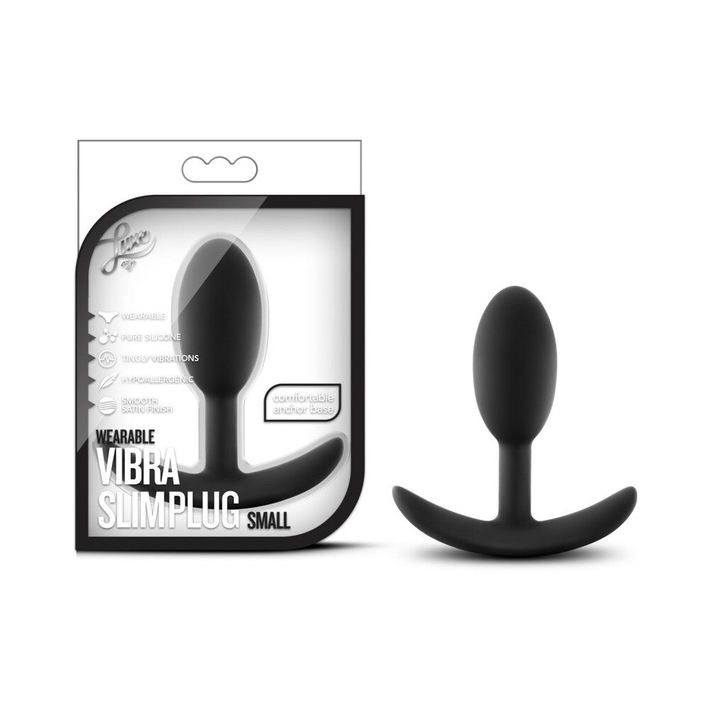 Luxe Wearable Vibra Slim Plug Small Black Blush Luxe Vibra Slim black plug beside black-and-white retail package