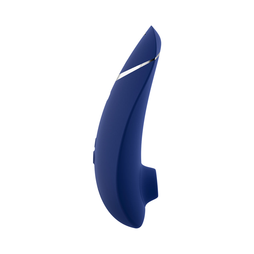 Womanizer Premium 2 Rechargeable Silicone Luxurious Pleasure Air Clitoral Stimulator Blueberry Front view of blueberry blue Womanizer Premium 2 with circular air opening