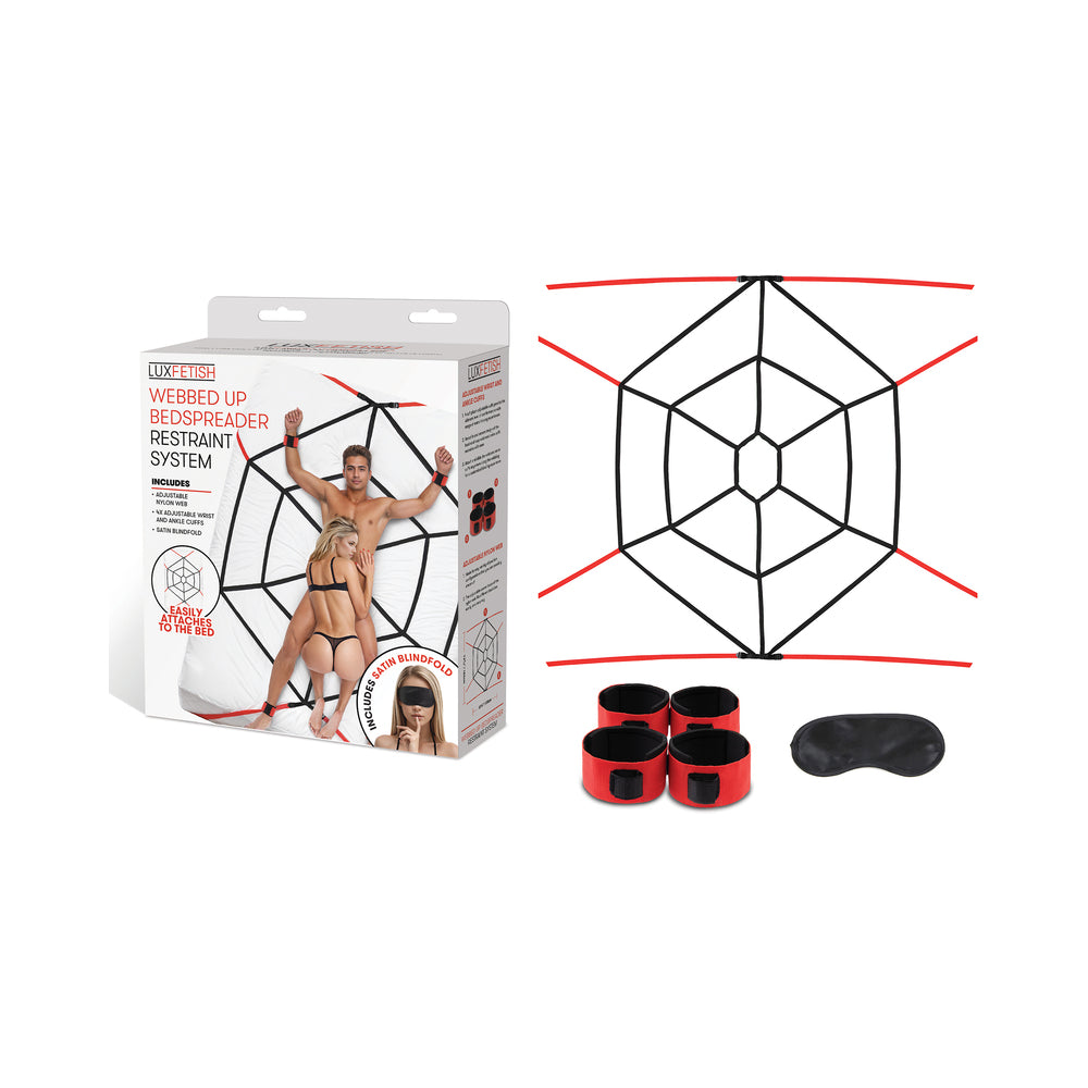 Lux Fetish Webbed Up Bedspreader Restraint System Lux Fetish Webbed Up restraint web with four cuffs and eye mask
