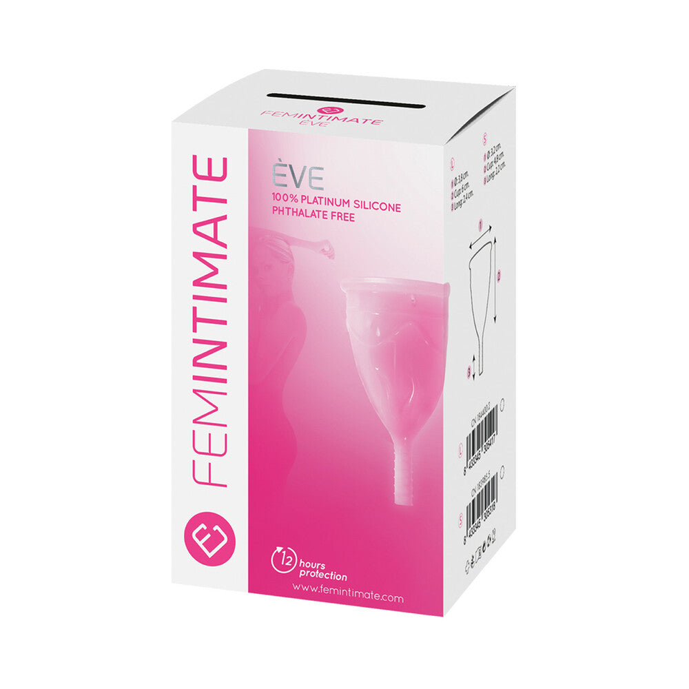 FEMINTIMATE Eve Menstrual Cup Size S FEMINTIMATE Eve menstrual cup size S light-pink cup pictured on white and pink carton