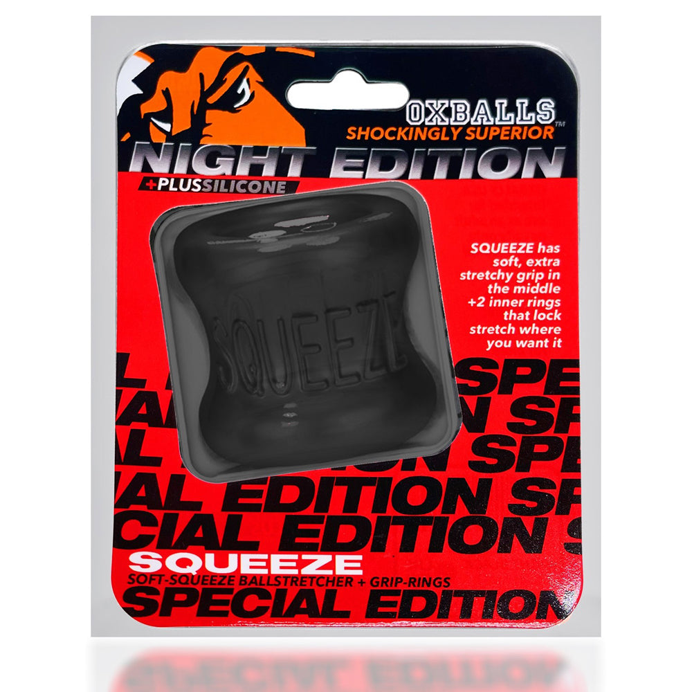 OxBalls Squeeze Ballstretcher Plus+Silicone Special Edition Night OxBalls Squeeze Night black ballstretcher in red retail package