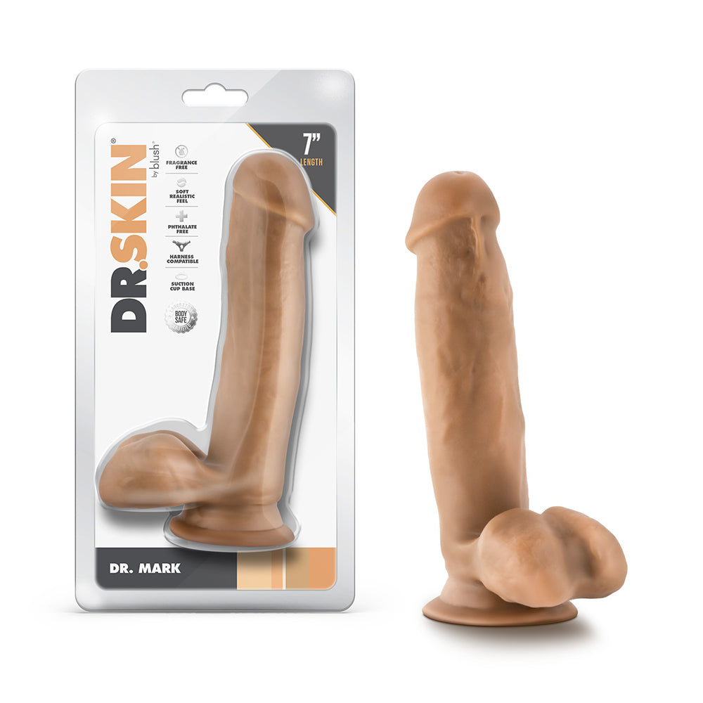 Dr. Skin Dr. Mark 7 in. Dildo with Balls Tan Blush Dr. Skin Dr. Mark tan 7-inch TPE dildo beside front retail package