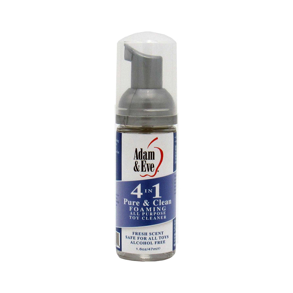 Adam & Eve 4 in 1 Pure & Clean Foaming Toy Cleaner 1.6 oz. Adam & Eve Pure & Clean 1.6 oz foaming toy cleaner front bottle view with clear pump cap and blue label