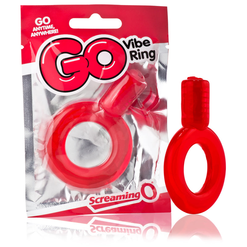 Screaming O GO Vibe Ring Red Screaming O GO Red Vibe Ring red ring beside clear pouch and red hanging card