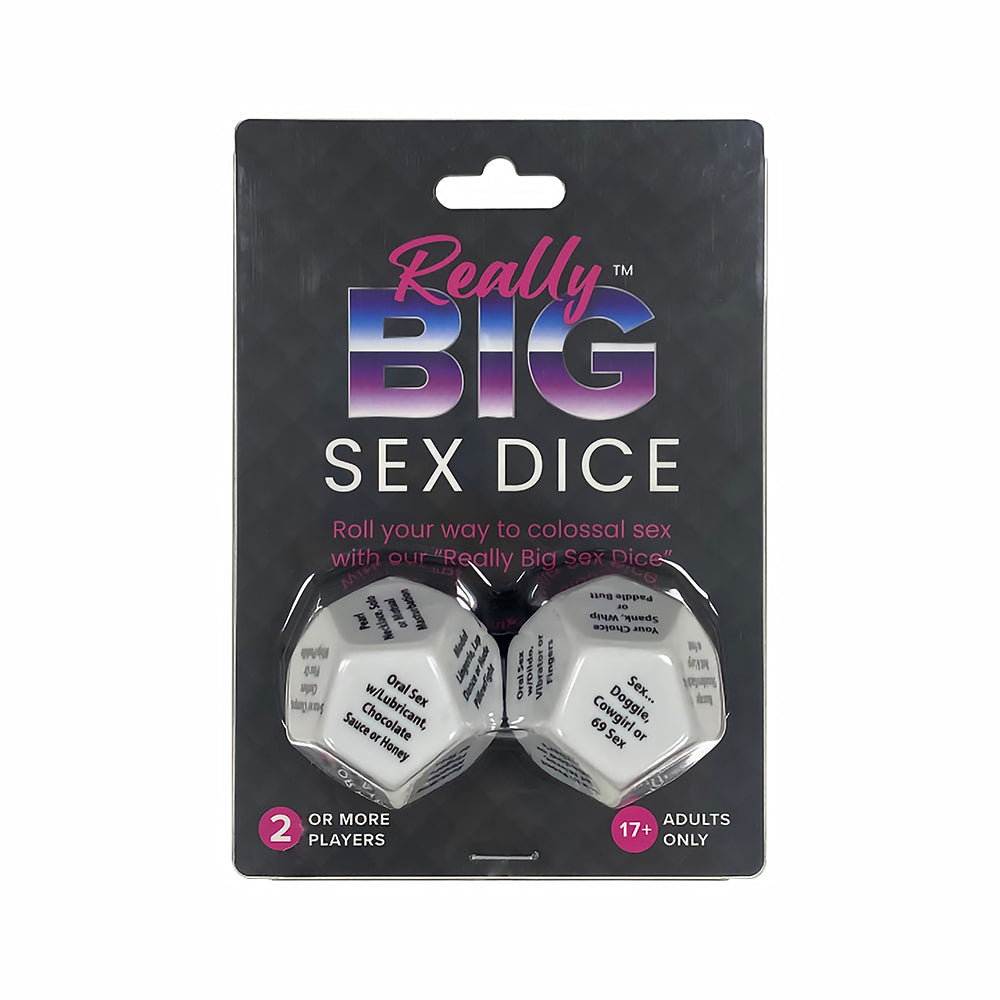 Really Big Sex Dice Two white Really Big Sex Dice with black prompts on hanging retail card