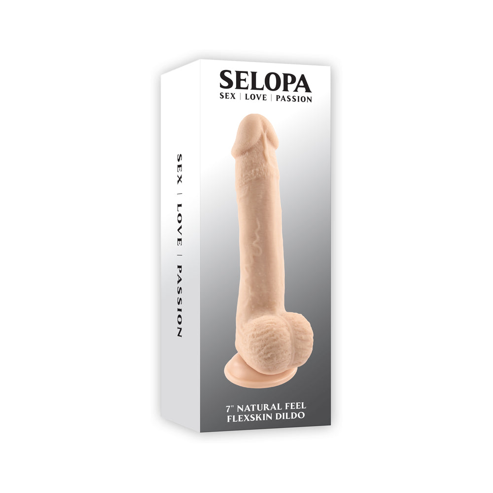 Selopa Natural Feel Flexskin Bendable Dildo with Moving Material 7 in. Light Selopa Natural Feel light beige bendable dildo displayed in white window box