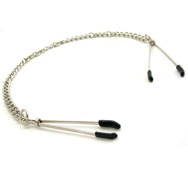 H2H Nipple Clamps Tweezer With Chain (Chrome) Chrome H2H tweezer nipple clamps joined by silver chain with black tips