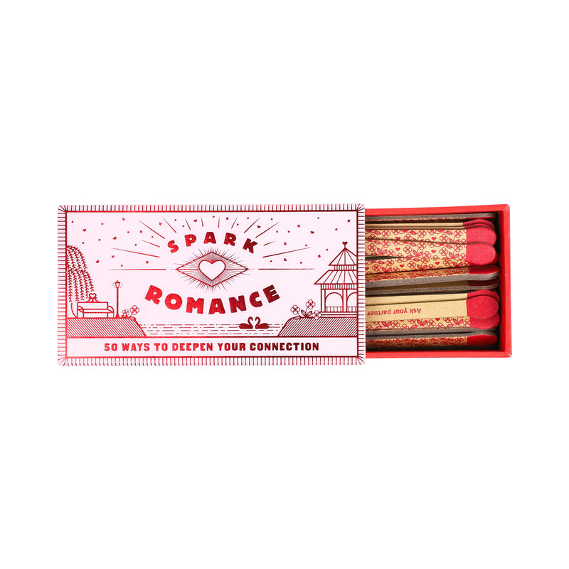 Spark Romance: 50 Ways to Deepen Your Connection Match Stick Game open Spark Romance matchbox with red tipped printed prompt sticks