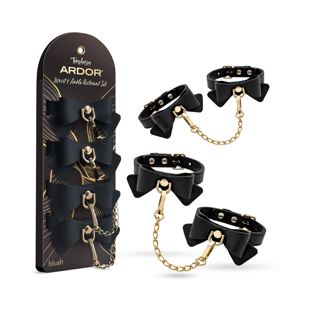 Temptasia Ardor Wrist & Ankle Restraints Black with Bow Temptasia Ardor black wrist and ankle restraints with black retail display card
