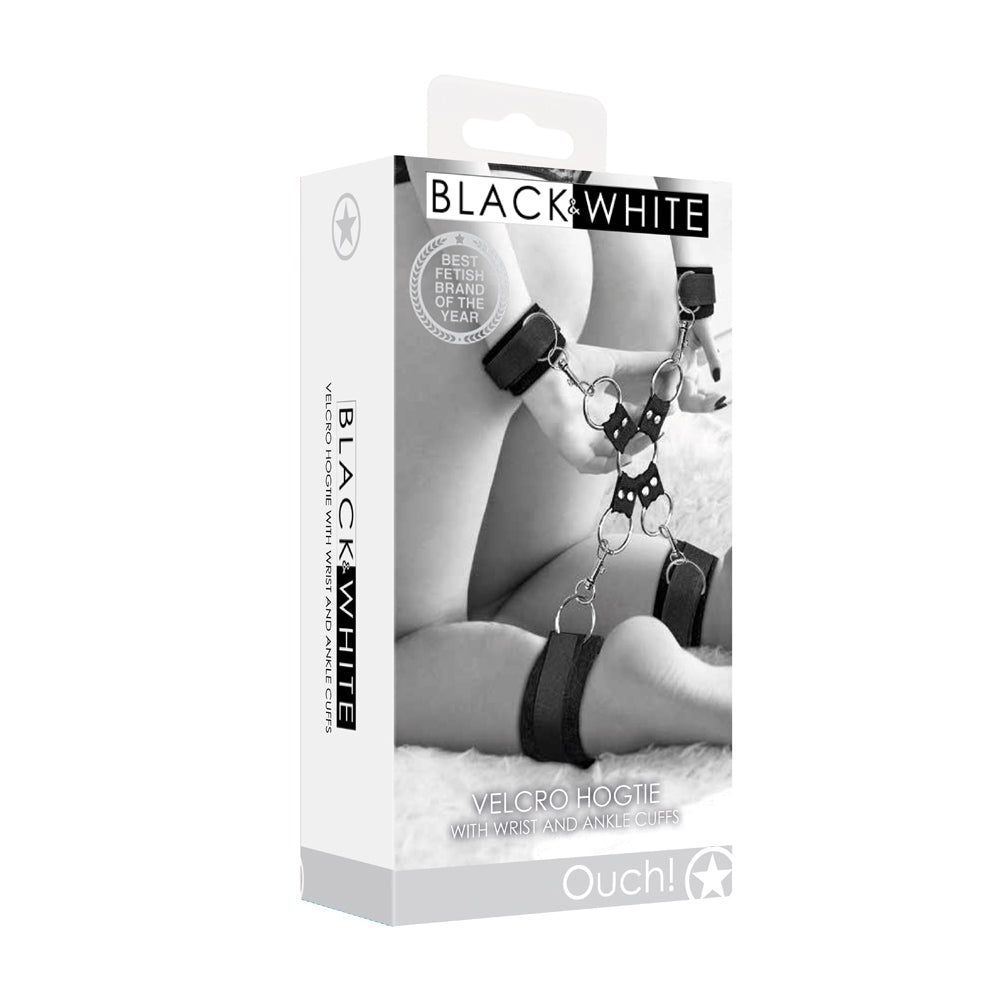 Ouch! Black & White Velcro Hogtie With Hand & Ankle Cuffs Black Shots Ouch black Velcro hogtie cuff set retail box