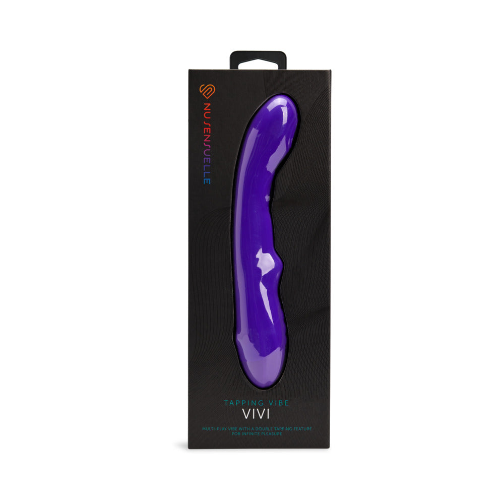 Nu Sensuelle Vivi Double Tapping Vibe Deep Purple deep purple Nu Sensuelle Vivi curved vibrator displayed inside a tall black box