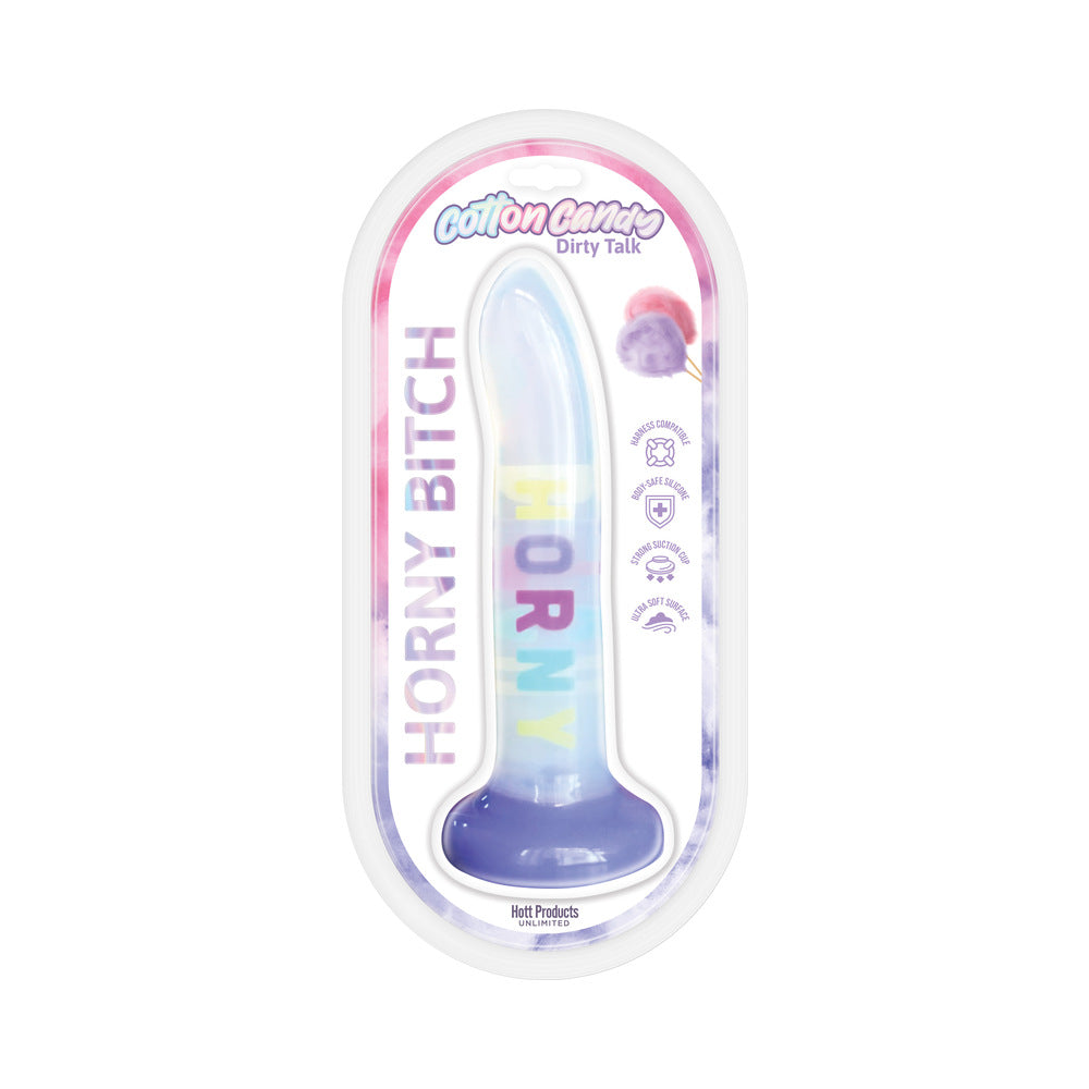Cotton Candy Dirty Talk Horny Bitch 8 in. Silicone Dildo Purple Cotton Candy Horny Bitch dildo in clear oval case