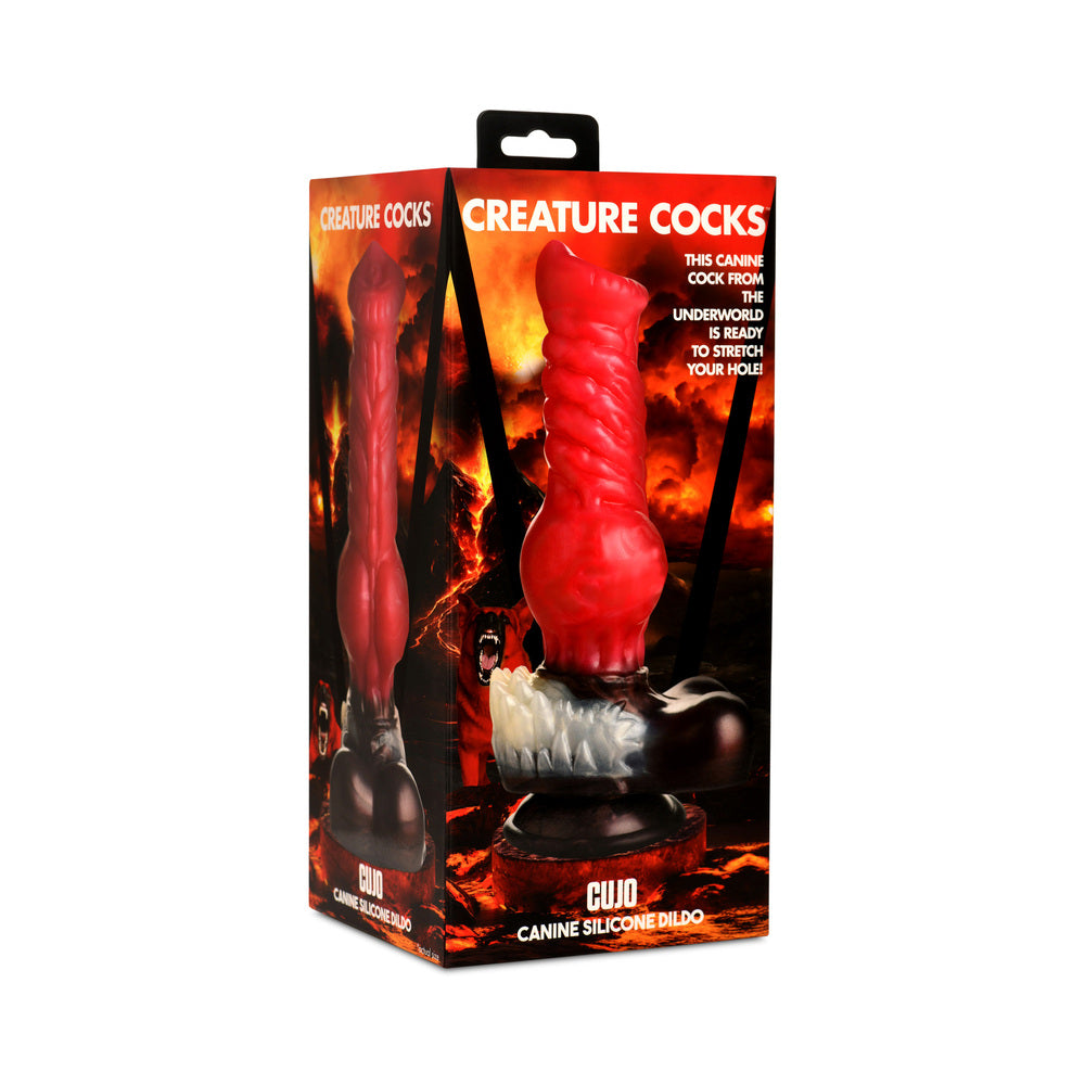 Creature Cocks Cujo Canine Silicone Dildo L Creature Cocks Cujo red canine dildo with white-fur base detail pictured on black-and-orange box