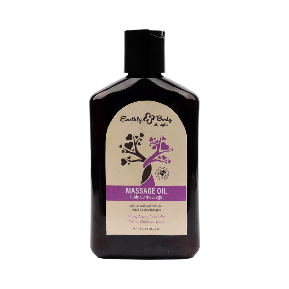 Earthly Body At Night Aphrodisiac Massage Oil Ylang Ylang Lavender 8.4 oz. Front of Earthly Body ylang ylang lavender massage oil 8.4 oz bottle
