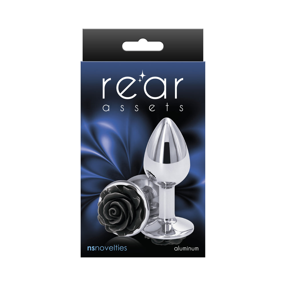 Rear Assets Rose Anal Plug Small Black Rear Assets small black rose anal plug retail package