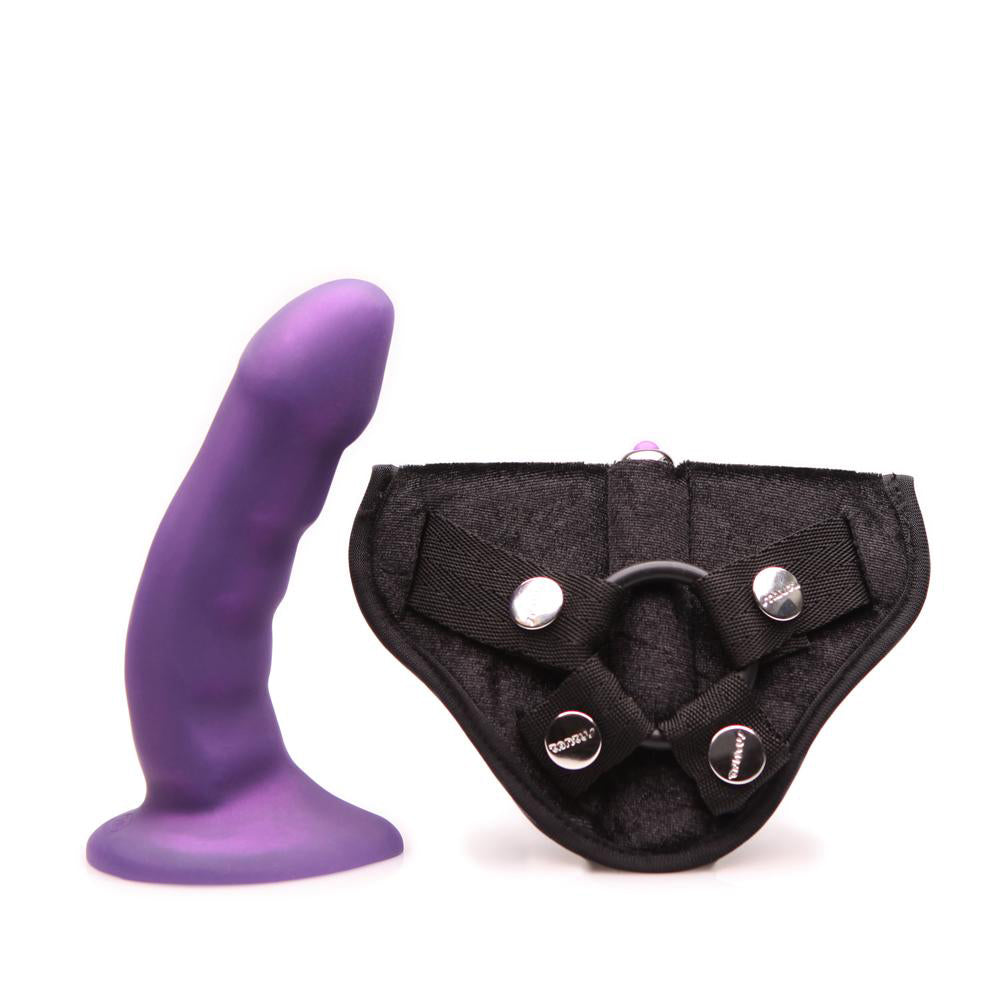 Tantus Curve Strap-On Harness Kit Amethyst Tantus Curve Amethyst kit with purple dildo and black harness panel