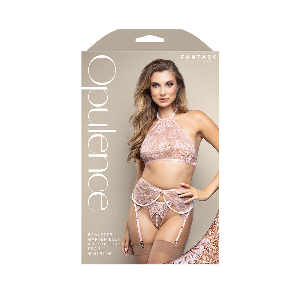 Fantasy Lingerie Opulence Pearl Halter Bralette, Garter Belt & Crotchless Pearl G-String Light Pink L/XL Fantasy Lingerie light pink pearl garter set L/XL retail box