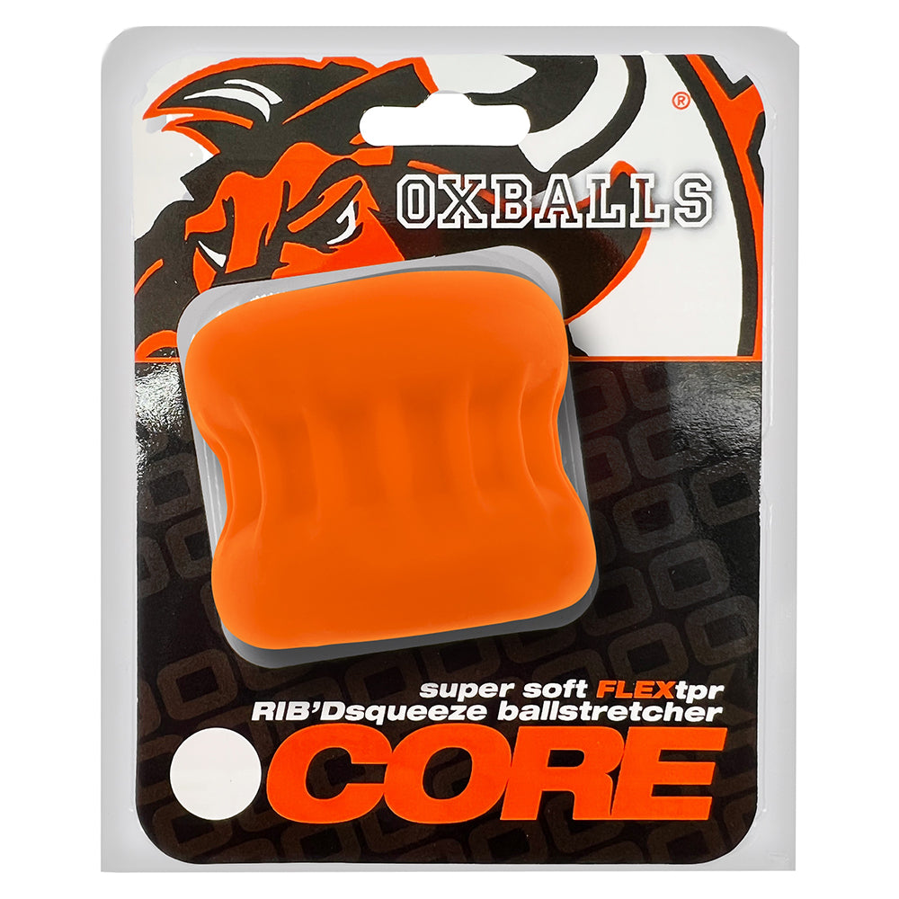 OxBalls Core Gripsqueeze Ballstretcher Orange Ice orange OxBalls Core Gripsqueeze ballstretcher mounted on black retail card
