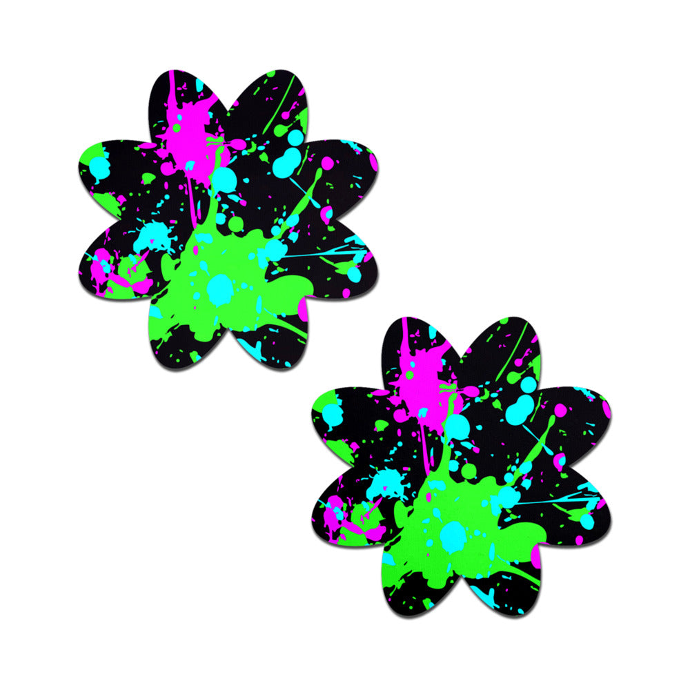 Pastease Vibrant Neon Paint Splatter Petal Breast Pasties Pastease vibrant neon paint splatter petal breast pasties matching black pair with green, pink and blue paint splashes