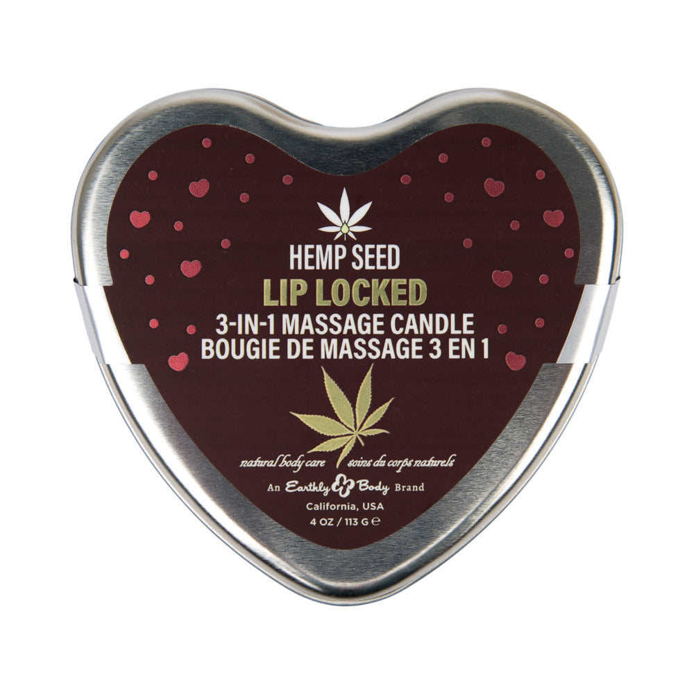 Earthly Body Hemp Seed 3-in-1 Valentine Heart Massage Candle Lip Locked 4.7 oz. Top view of Earthly Body Lip Locked candle in silver heart tin