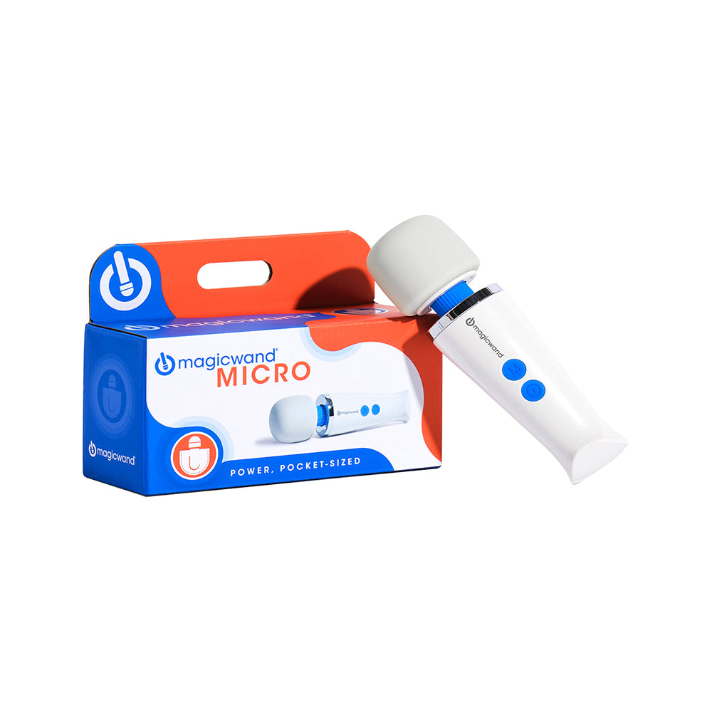 Magic Wand Micro HV-60 Rechargeable Massager white Magic Wand Micro rechargeable massager angled beside blue and orange box