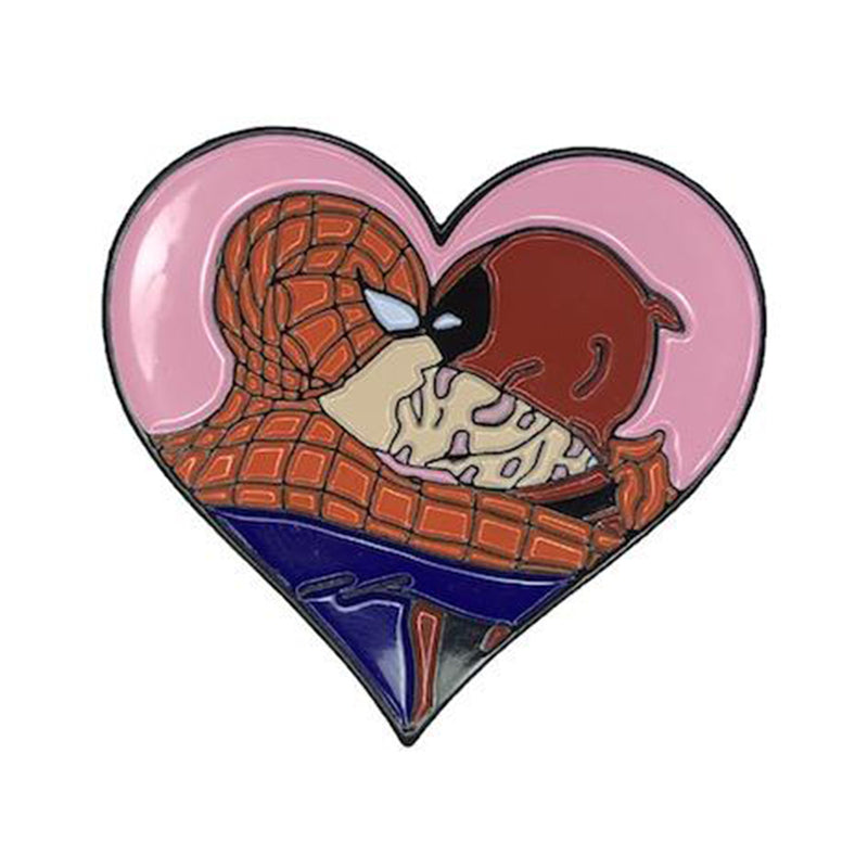 Geeky & Kinky Webhead Hearts Merc Enamel Pin pink heart enamel pin with red-web and red-brown masked characters kissing