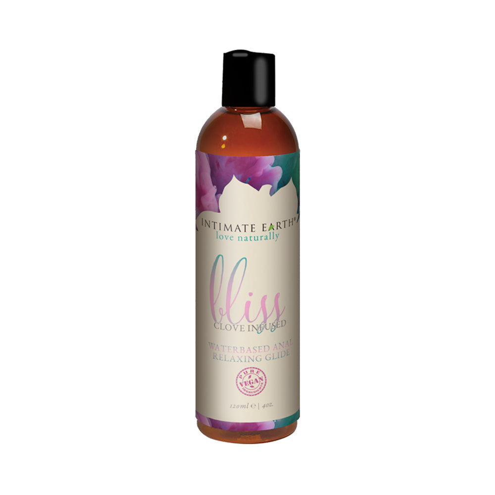 Intimate Earth Bliss Clove Infused Water-Based Anal Relaxing Glide 4 oz. Intimate Earth Bliss 4 oz amber bottle with black flip-top cap