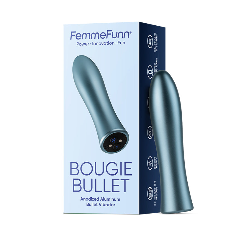 FemmeFunn Bougie Bullet Rechargeable Aluminum Vibrator Light Blue FemmeFunn Bougie Bullet light blue tapered metallic body beside blue retail box with black circular control panel visible