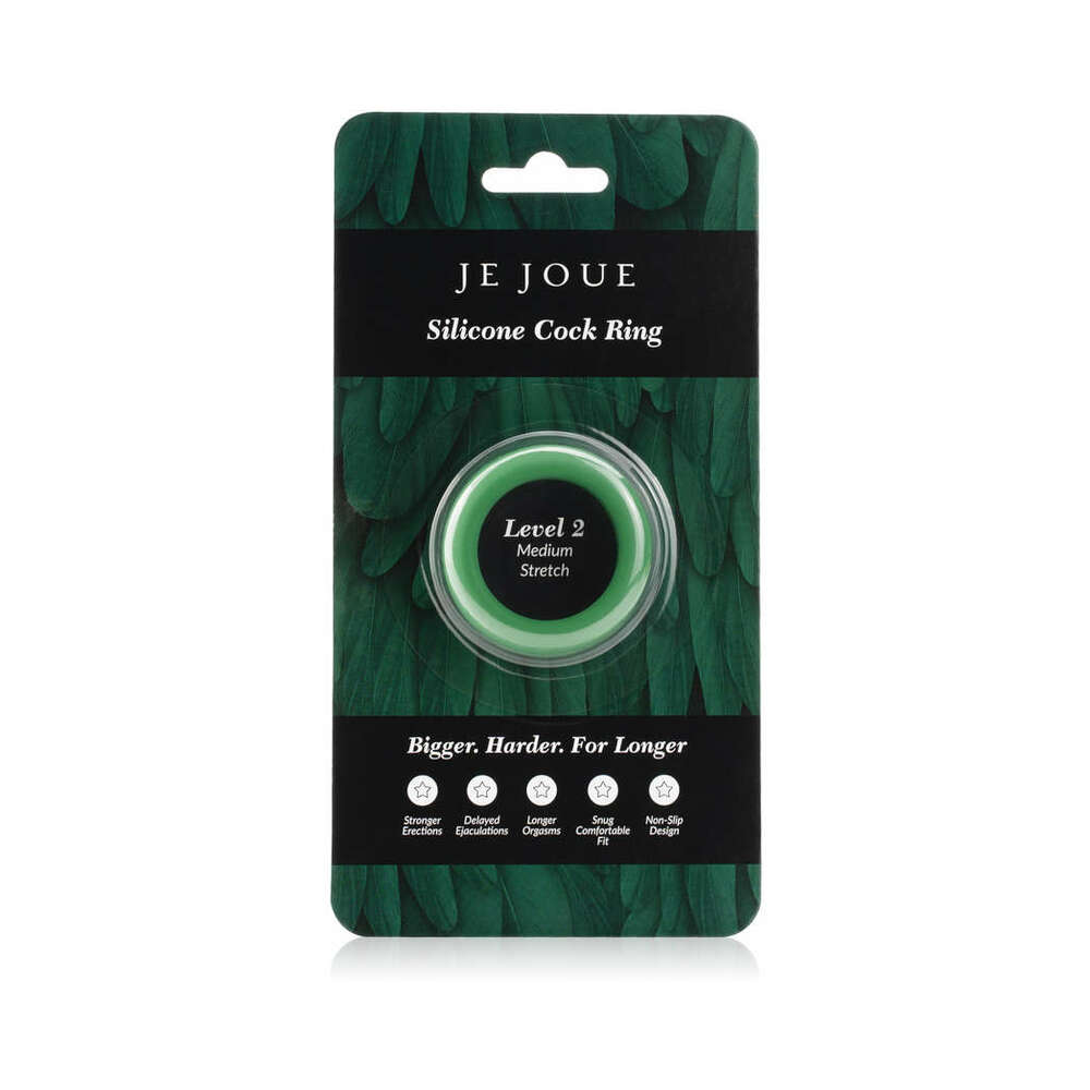 Je Joue Silicone Ring Medium Stretch Green Front package view of green Level 2 silicone cock ring
